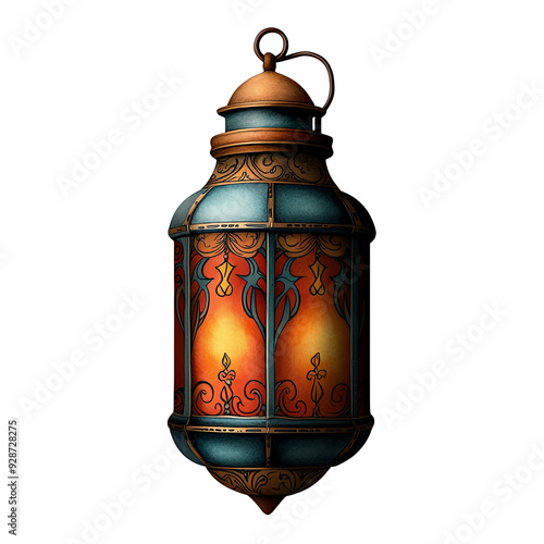 An ornate lantern featuring colorful glass and intricate designs, perfect for adding warmth and charm to any setting. photo