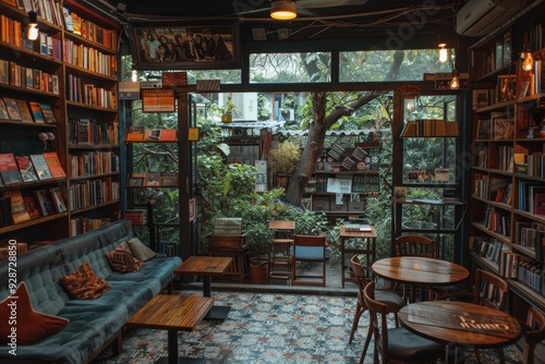 A quaint and cozy bookstore cafe with wooden furniture, bookshelves filled with books, and a view of a serene outdoor garden with lush greenery