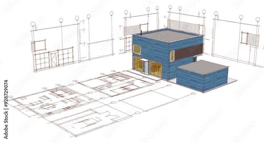 house architectural project sketch 3d illustration house architectural project sketch 3d illustration