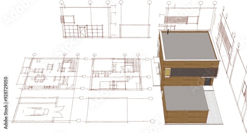 house architectural project sketch 3d illustration 