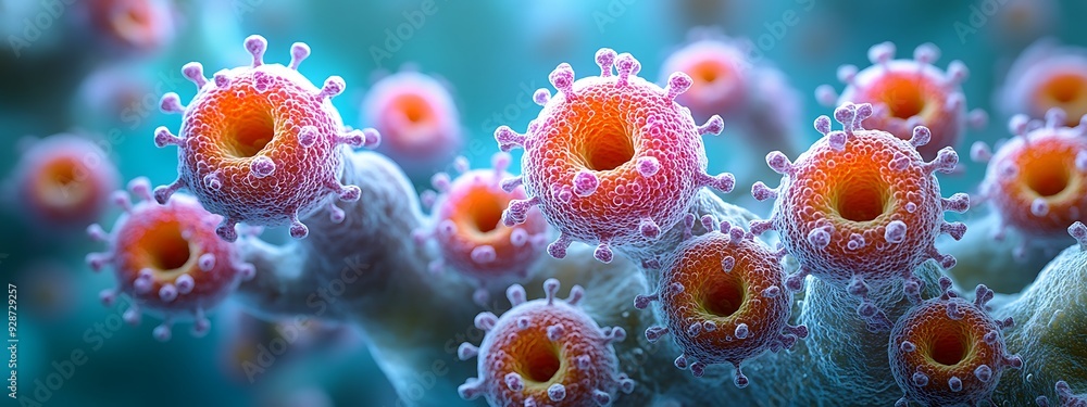 Close-up of monkeypox virus cells under a microscope, vibrant colors highlighting the viral structure Close-up of monkeypox virus cells under a microscope, vibrant colors highlighting the viral structure