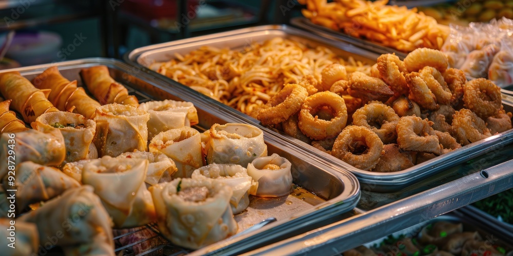 Assorted textures and flavors of fried dumplings spring rolls and onion rings displayed in metal trays at a food market exemplifying the diverse and delicious street cuisine of Asia Assorted textures and flavors of fried dumplings spring rolls and onion rings displayed in metal trays at a food market exemplifying the diverse and delicious street cuisine of Asia