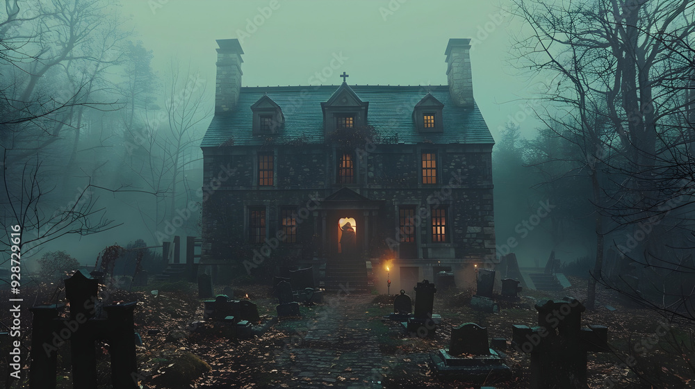 A haunted house surrounded by eerie mist on Halloween, with ghostly figures visible through the windows and a graveyard nearby A haunted house surrounded by eerie mist on Halloween, with ghostly figures visible through the windows and a graveyard nearby