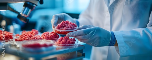 Close-up of a scientist s hands delicately handling petri dishes with cultured meat, symbolizing the breakthrough in food technology and sustainable meat alternatives