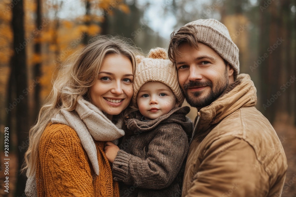 Beautiful young family on a walk in autumn forest, Generative AI Beautiful young family on a walk in autumn forest, Generative AI