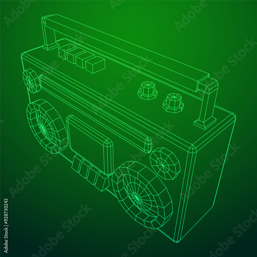 Retro Boombox outdated portable cassette tape recorder. Wireframe low poly mesh vector illustration.