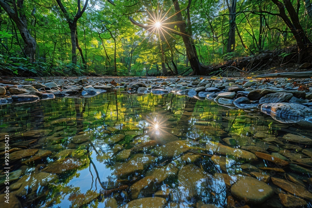 Fototapeta premium A serene and picturesque forest scene with sunlight streaming through the trees, reflecting on a calm and clear stream surrounded by lush greenery and scattered stones