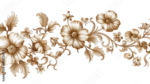 Elegant floral border with intricate details in gold tones, perfect for wedding invitations or decorative design.