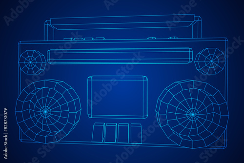 Retro Boombox outdated portable cassette tape recorder. Wireframe low poly mesh vector illustration.