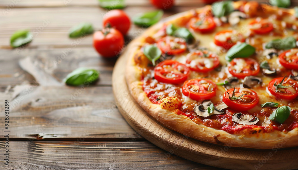 Fresh pizza with tomatoes cheese and mushrooms Fresh pizza with tomatoes cheese and mushrooms