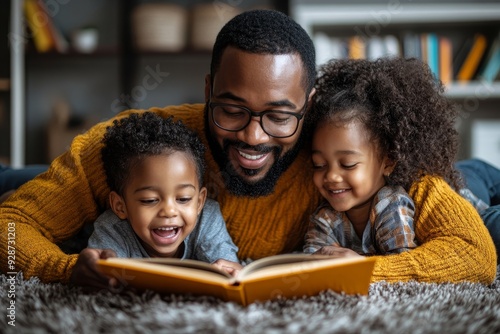 African American father reading a fairy tale fable story for kids at home. Happy family lying on the floor indoors, Generative AI photo