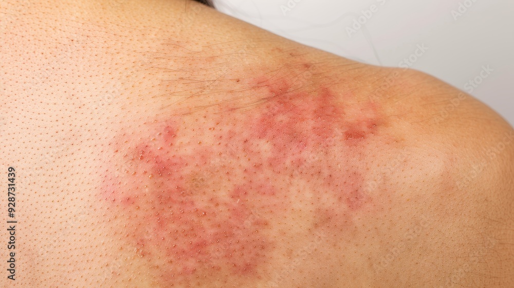 Naklejka premium Close-Up of Skin Texture Exhibiting Severe Urticaria or Hives on the Back, Highlighting Allergy Symptoms and Skin Condition with Visible Inflammation and Rash