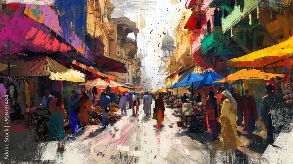 Naklejka premium Create an AI image of a bustling market street with vibrant colors, stalls, and people, capturing the energy of a lively urban area.