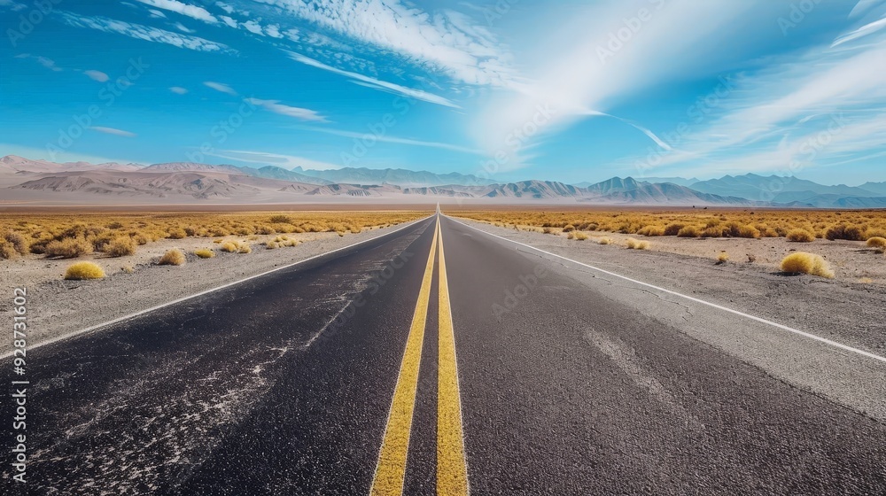 Create an AI image of a deserted highway stretching through a vast desert landscape, highlighting the solitude and endless horizon. Create an AI image of a deserted highway stretching through a vast desert landscape, highlighting the solitude and endless horizon.