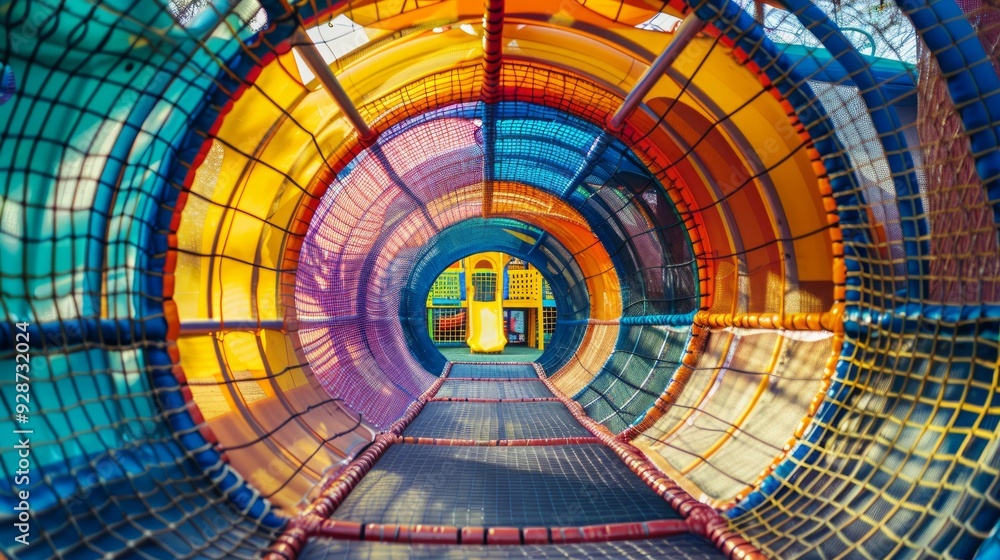 Fototapeta premium Playground entrance to the labyrinth with colorful tunnel and bridges, slides, children's room in play Entertainment center. Floor net steps to trampoline. Banner active leisure, free time kids photo