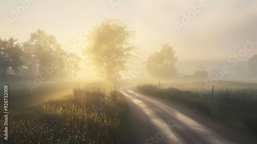 Create an AI image of a road through a misty meadow at sunrise, with soft light and dewdrops on the grass, capturing a peaceful morning scene.