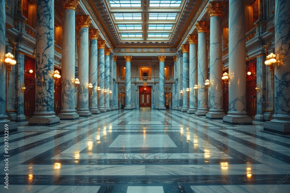 This stunning grand interior hall featuring a beautifully marbled floor, majestic marble columns, ornate gold details, and elegant lighting evokes a sense of opulence and history within a historic This stunning grand interior hall featuring a beautifully marbled floor, majestic marble columns, ornate gold details, and elegant lighting evokes a sense of opulence and history within a historic