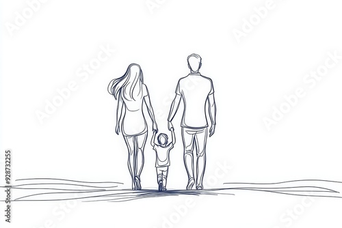 Happy family in continuous line art drawing style. Front view of parents with their little kid holding hands and walking together black linear sketch isolated on white background. , Generative AI
