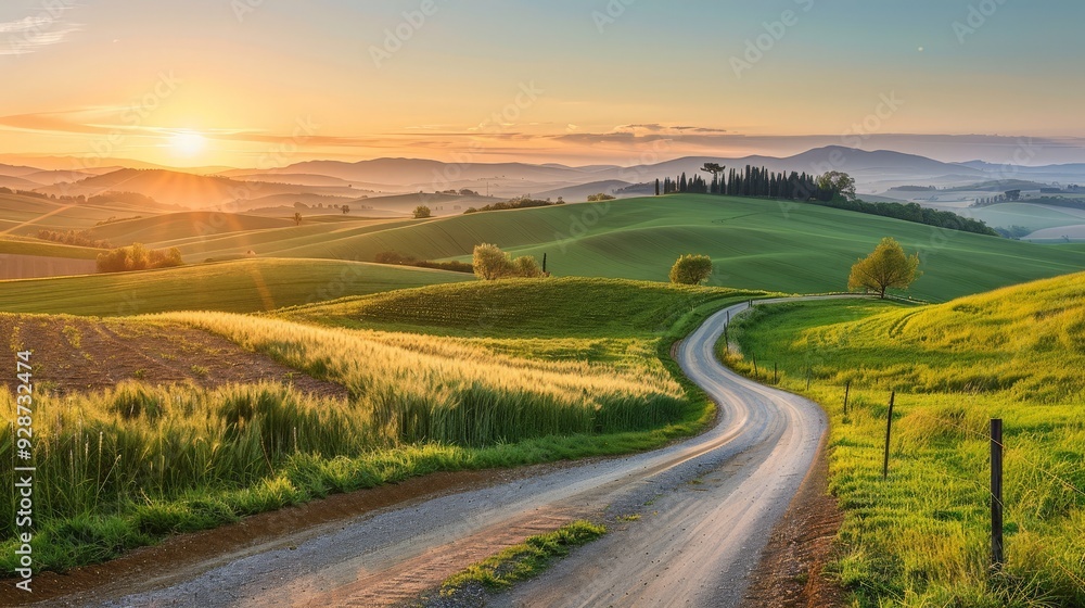 Create an AI image of a serene countryside road at dawn, with soft light illuminating rolling hills and farmland. Create an AI image of a serene countryside road at dawn, with soft light illuminating rolling hills and farmland.