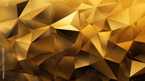 Close-up view of a geometric pattern made of gold. Triangles, angular, polygonal, gemstones, crystals. Luxurious appearance. Opulence, gold, precious materials. Polygon background, wallpaper.