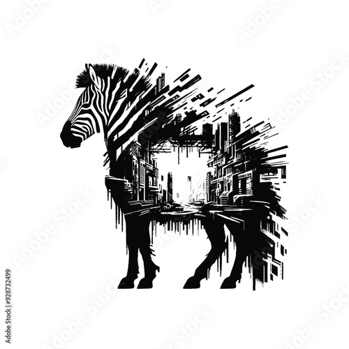 silhouette of Zebrafilled with destroyed futuristic dystopia environment in rough drawing,