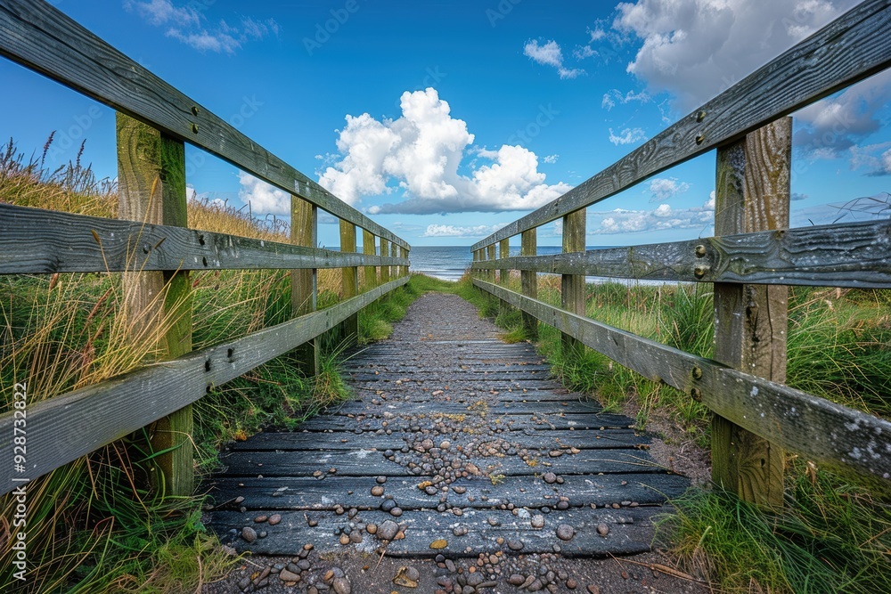 A serene wooden boardwalk leads through lush grass towards a picturesque beach and ocean under a vibrant blue sky with fluffy white clouds A serene wooden boardwalk leads through lush grass towards a picturesque beach and ocean under a vibrant blue sky with fluffy white clouds
