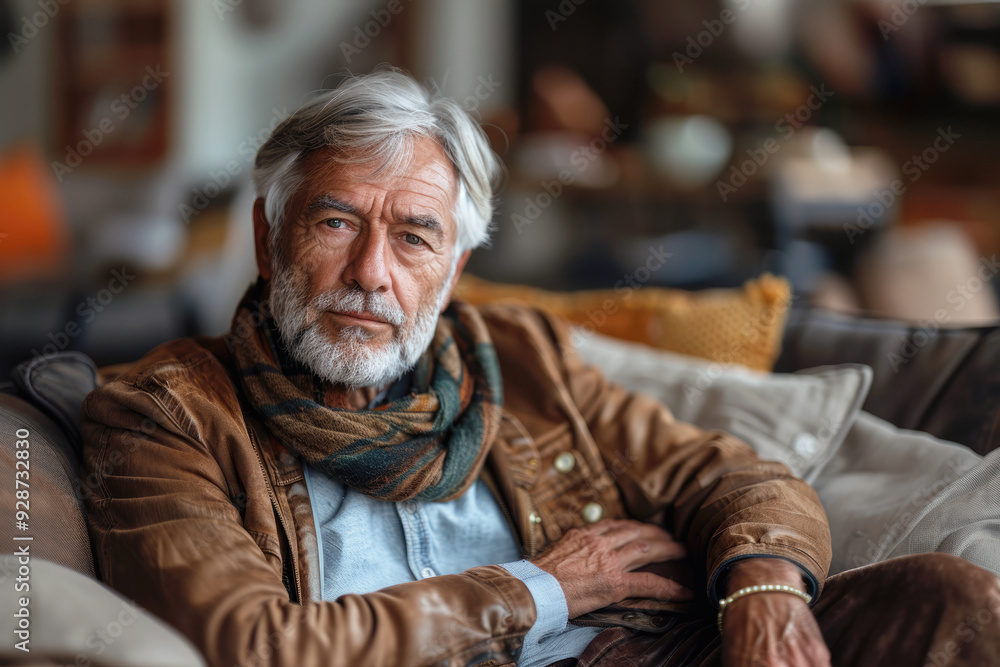 A mature man with silver hair and a beard sits on a sofa, exuding confidence and calm. Wearing a brown leather jacket and scarf, he gazes directly at the camera. A mature man with silver hair and a beard sits on a sofa, exuding confidence and calm. Wearing a brown leather jacket and scarf, he gazes directly at the camera.