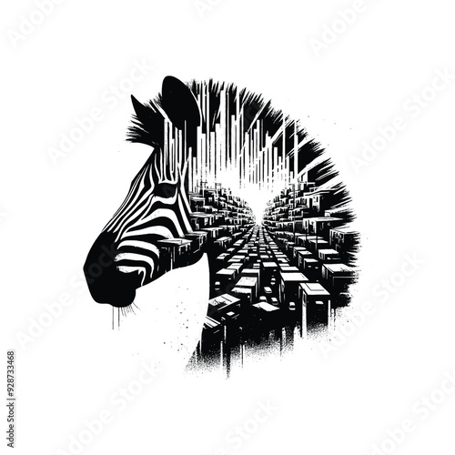 silhouette of Zebra filled with ghetto street in rough drawing,