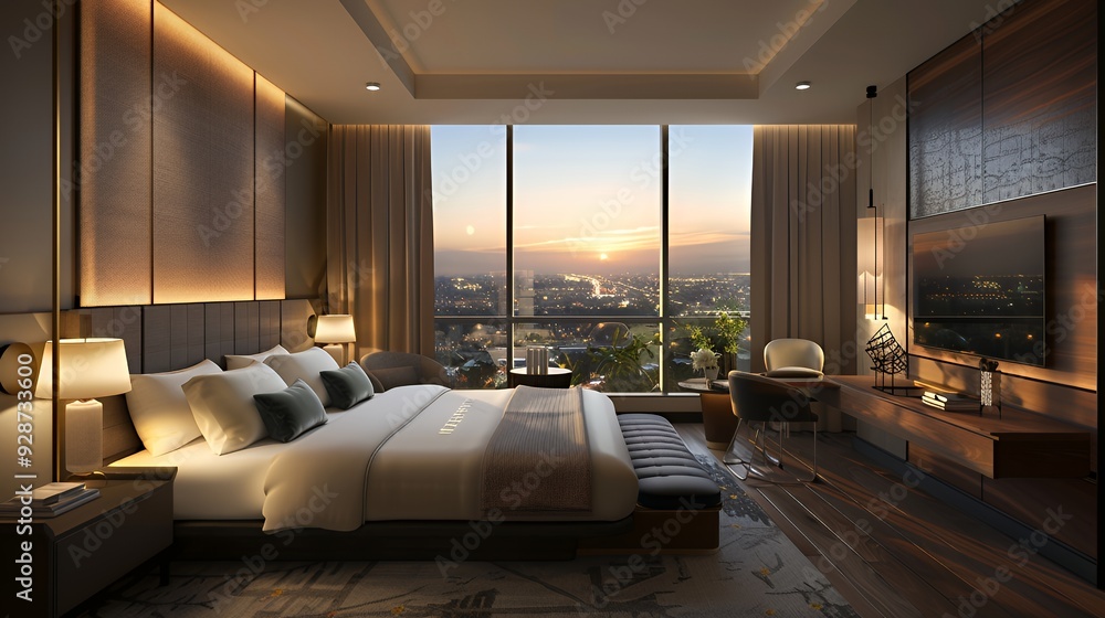 Naklejka premium Luxurious bedroom interior with a large window overlooking a city skyline at sunset.