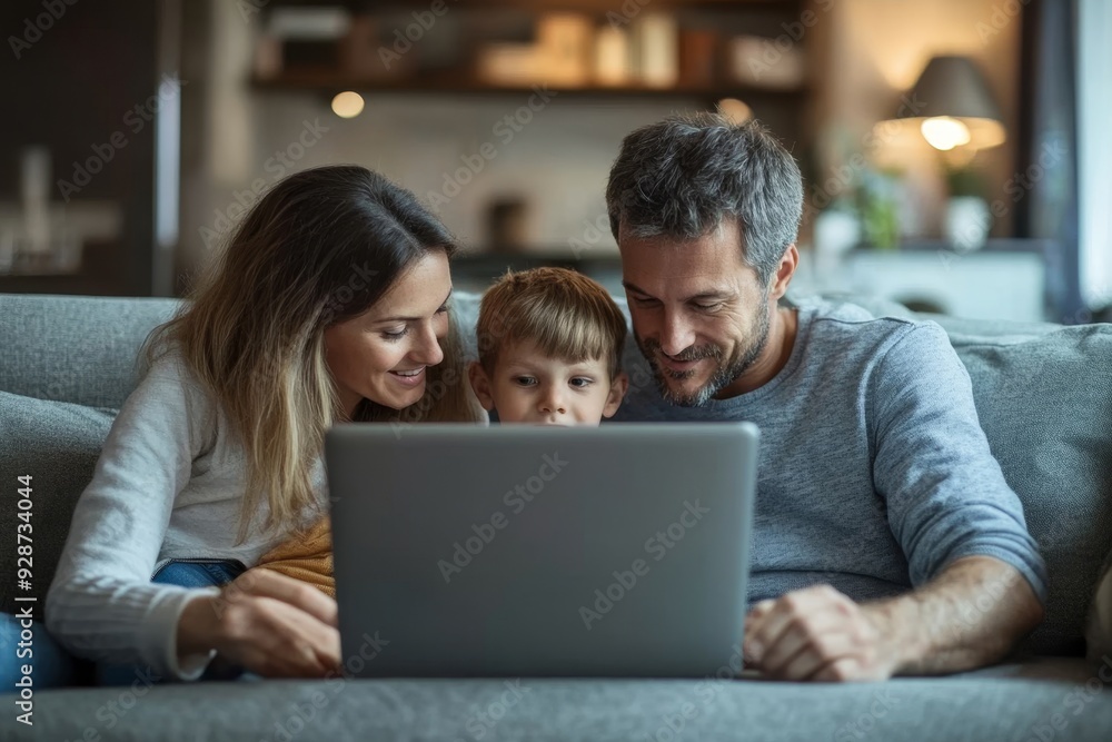 Connected online and as a family. Shot of a mother and father using a laptop with their son and daughter on the sofa at home, Generative AI Connected online and as a family. Shot of a mother and father using a laptop with their son and daughter on the sofa at home, Generative AI