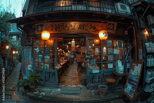 A vibrant depiction of a traditional Japanese street-side restaurant adorned with lanterns, offering an inviting atmosphere during an overcast twilight