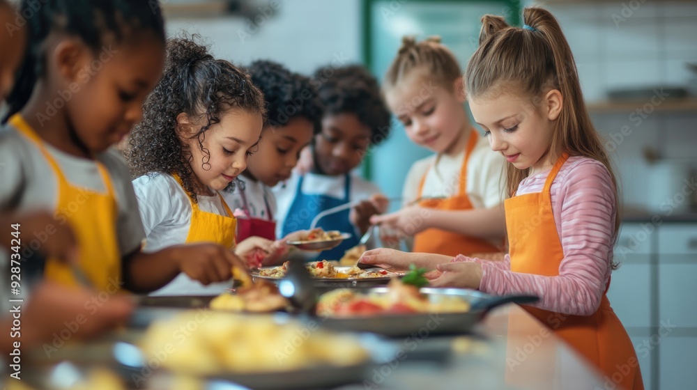 Fototapeta premium a group of multiethnic children cooking in aprons and chef hats in school
