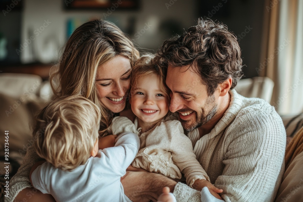 Obraz premium Young parents having fun with their children at home, Generative AI