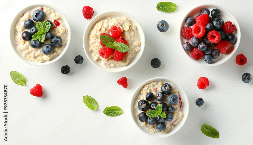 Bowls of oatmeal with berries and fruits on whiite background Bowls of oatmeal with berries and fruits on whiite background