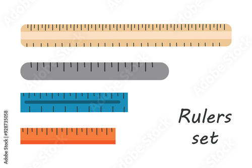 Set of rulers of different sizes and colors. Iron, plastic, wooden rulers for school subjects