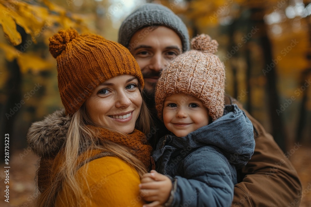 Happy family on autumn walk, Generative AI Happy family on autumn walk, Generative AI