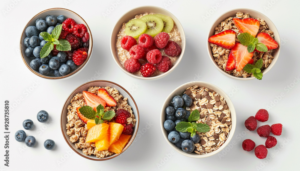 Bowls of oatmeal with berries and fruits on whiite background Bowls of oatmeal with berries and fruits on whiite background