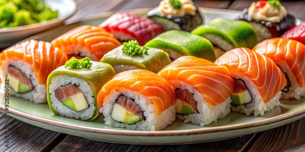 Close Up of Delicious Sushi Rolls on a Green Plate, Sushi, Japanese Food, Seafood, Maki ,Sushi Rolls Close Up of Delicious Sushi Rolls on a Green Plate, Sushi, Japanese Food, Seafood, Maki ,Sushi Rolls