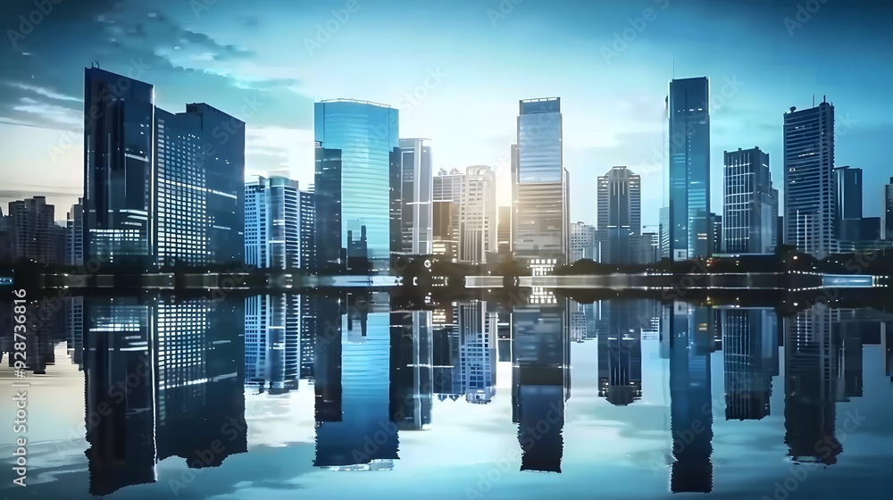 Fototapeta premium Futuristic City Skyline, Skyscrapers, Water Reflection, Business Center, Blue Theme, Stock Photo, Minimalist Style, High-Resolution