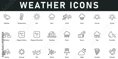 Weather Icons vector illustration with thin line editable stroke contain temperature, sun, rain, wind, snow, sunrise, sunset, rainbow, degree Celsius, climate change, winter, summer, spring, fog 