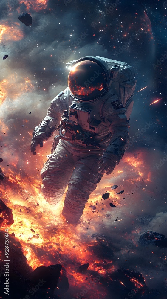 An astronaut in space with a moon backdrop, surrounded by elements of war and fantasy like soldiers, guns, and smoke, while a night scene creates a sense of danger and safety An astronaut in space with a moon backdrop, surrounded by elements of war and fantasy like soldiers, guns, and smoke, while a night scene creates a sense of danger and safety
