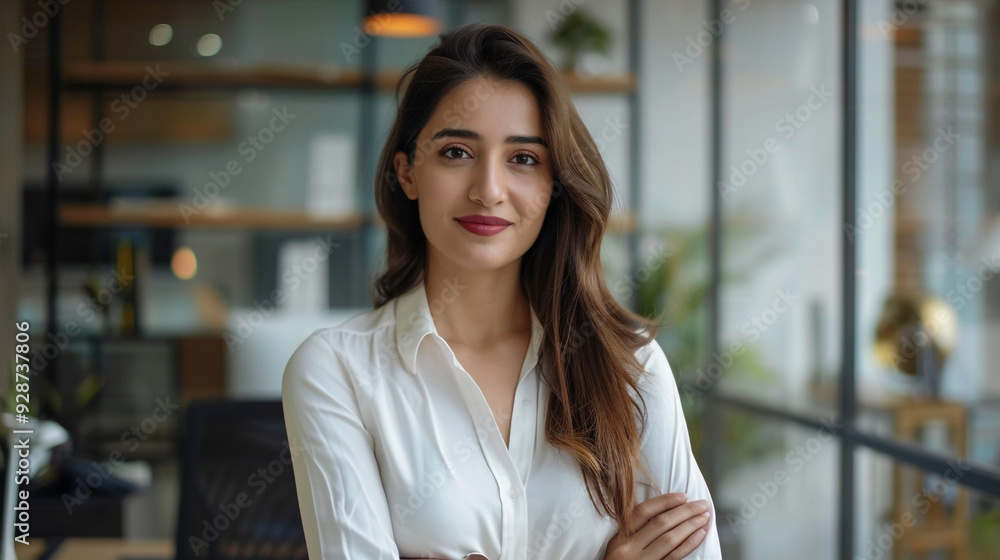 Attractive business woman looking at camera while standing in the office. Attractive business woman looking at camera while standing in the office.