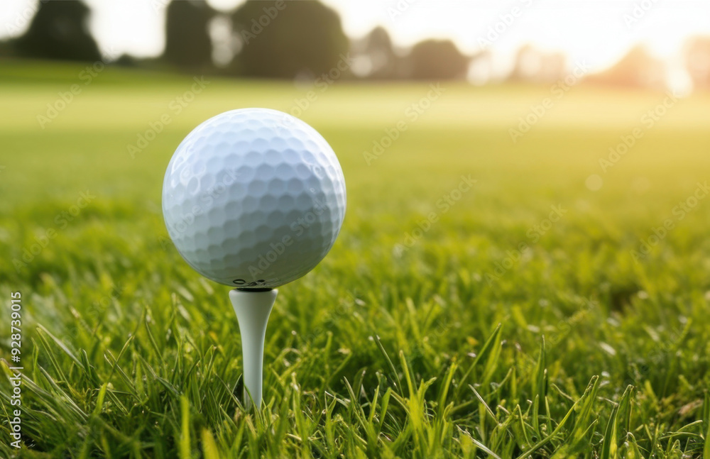 Golf ball placed on tee on green grass._2 Golf ball placed on tee on green grass._2