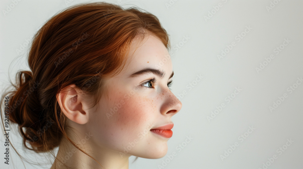 Red-haired cute girl student with a radiant smile and bright eyes, side view. Red-haired cute girl student with a radiant smile and bright eyes, side view.