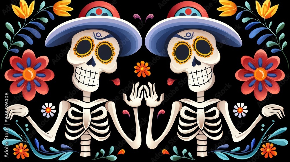 Two skeletons with flowers and hats on their heads Two skeletons with flowers and hats on their heads