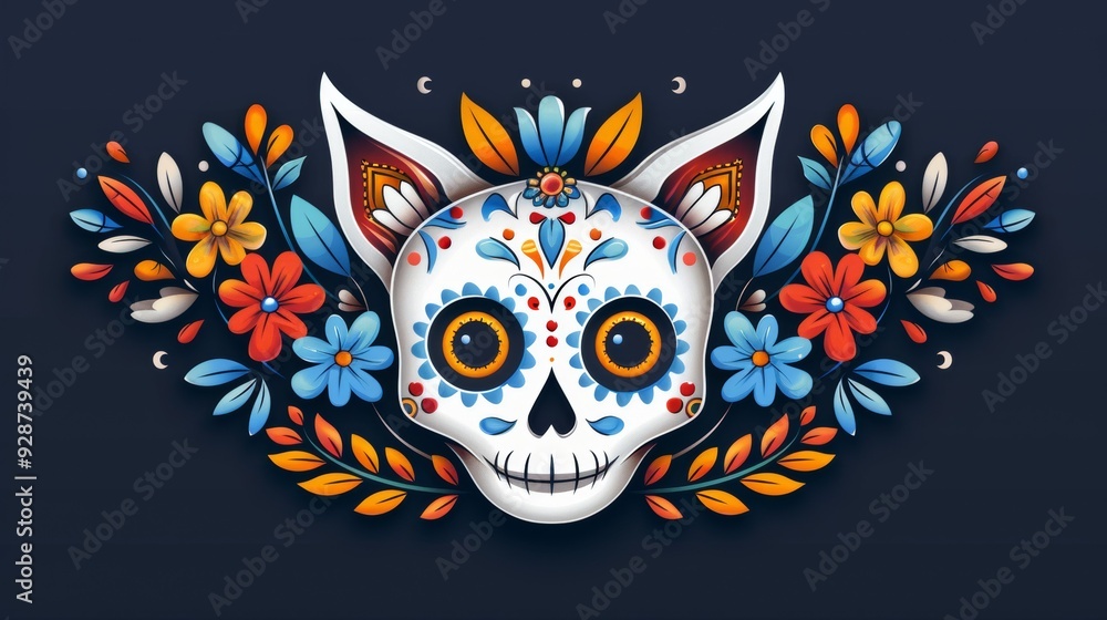 A colorful skull with flowers surrounding it A colorful skull with flowers surrounding it