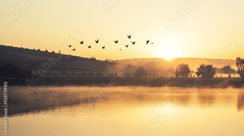 Scenic view of beautiful sunset or sunrise above the pond or lake at spring or early summer evening with cloudy sky background and reed grass at foreground. Landscape. Water reflection. photo