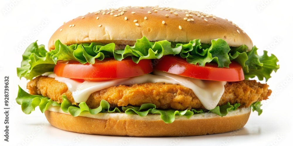 Crispy Chicken Burger with Lettuce and Tomato, fast food, chicken burger, burger, sandwich Crispy Chicken Burger with Lettuce and Tomato, fast food, chicken burger, burger, sandwich
