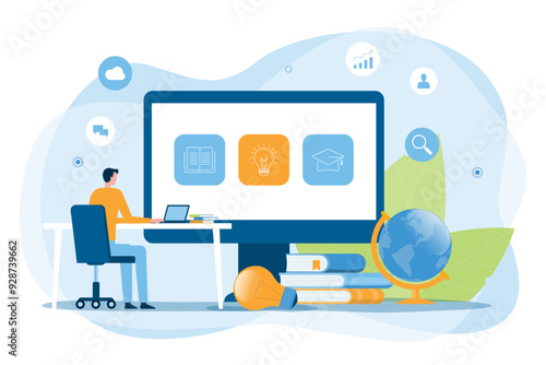 business technology online education with students using computers connected to e-learning and research concepts . flat vector illustration cartoon design

