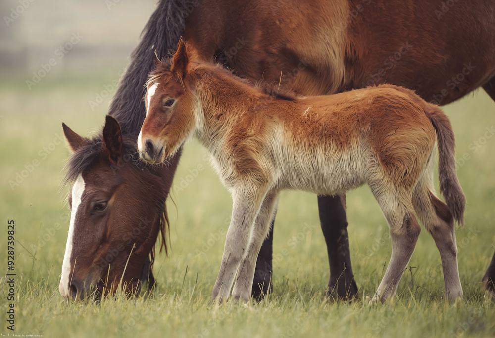 Foal with a mare grazing in the meadow. Foal with a mare grazing in the meadow.